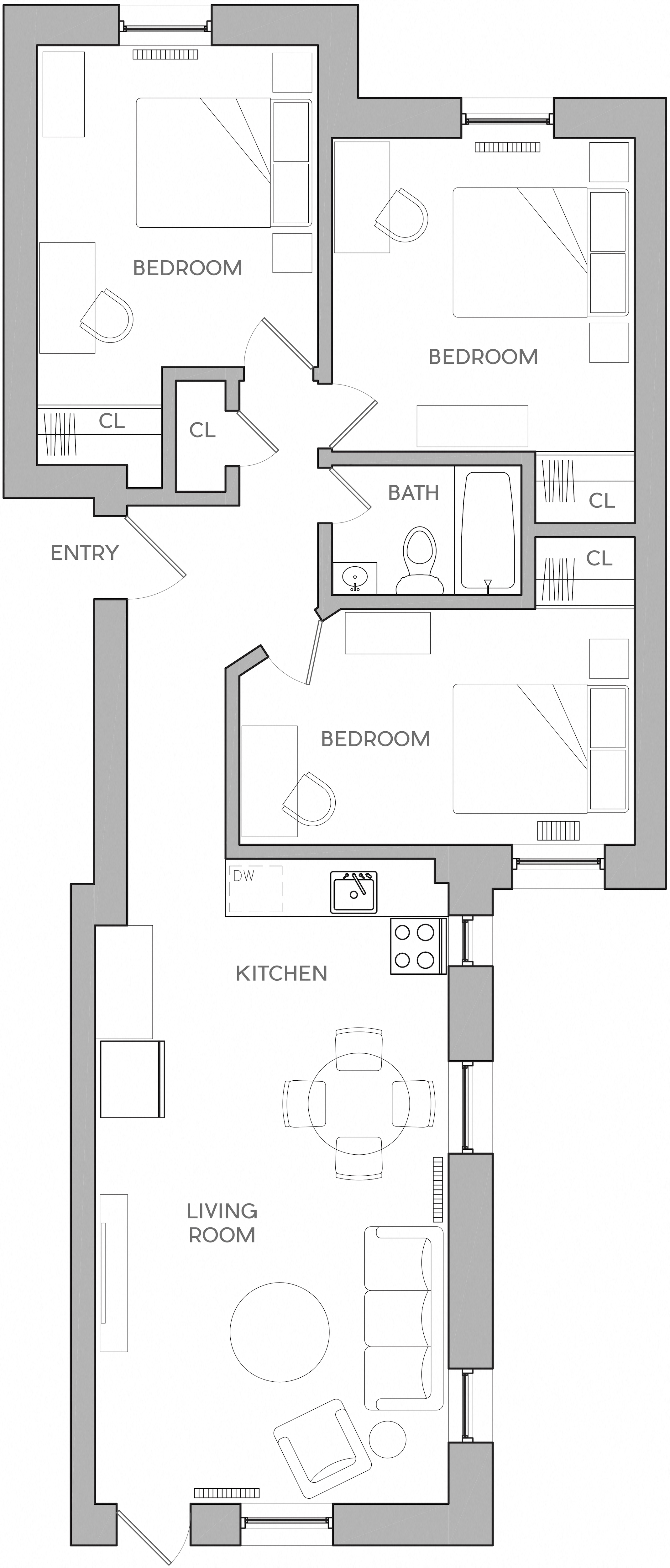 Floor plan for 3 beds, 1 bath, 1310 sqft